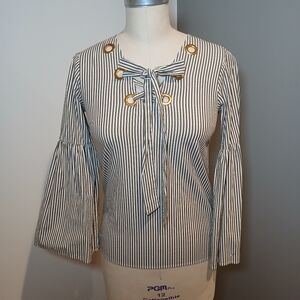 Michael Kors Green & White Striped Bell  Blouse Grommet & Tie Detail / XS